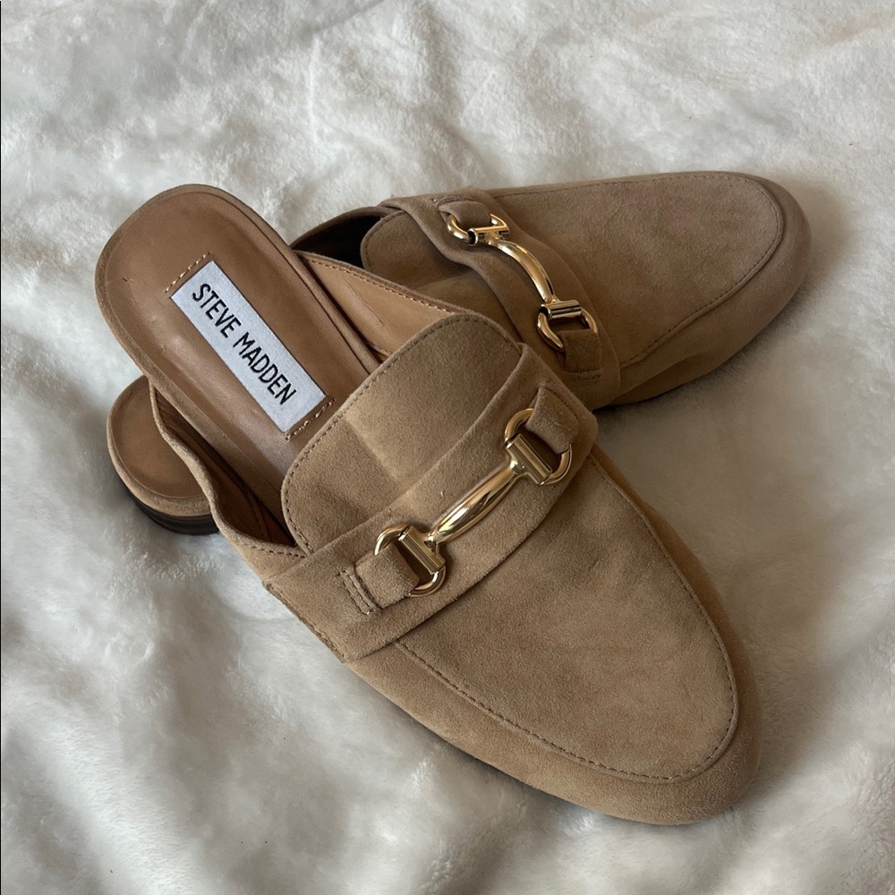Steve Madden Tan Suede Mule Loafers with Gold Hardware